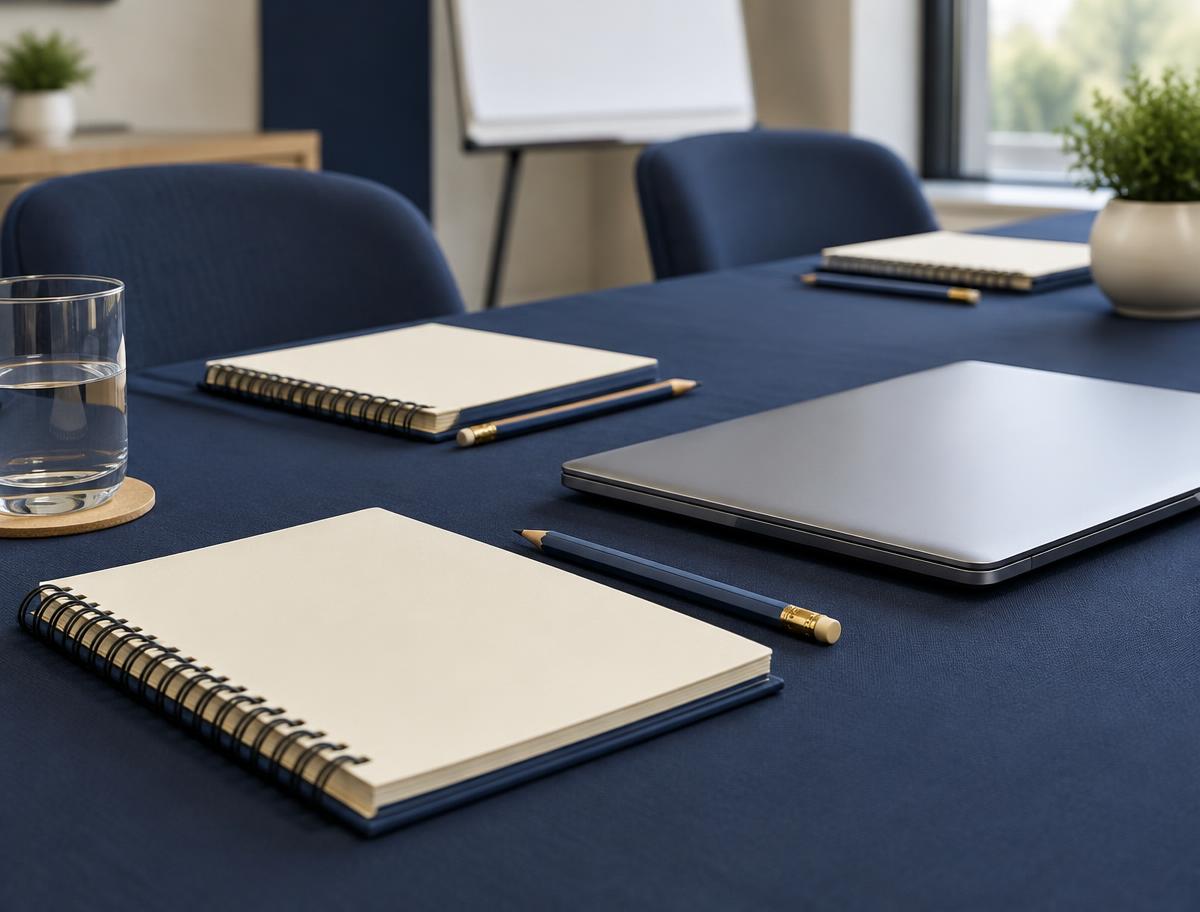 Cadernos e lápis sobre uma mesa de reuniões